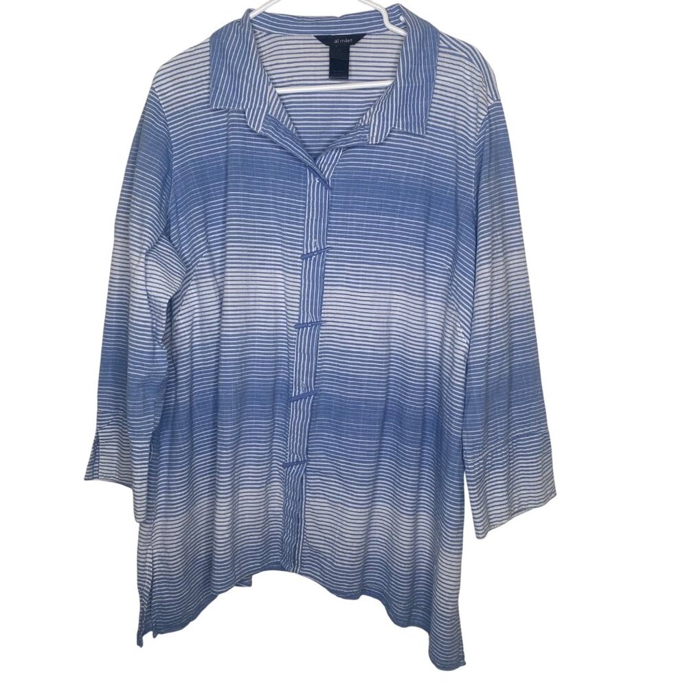 Ali Miles Tunic Top Womens 2X Blue Striped Button Front  3/4 Sleeves Lagenlook C